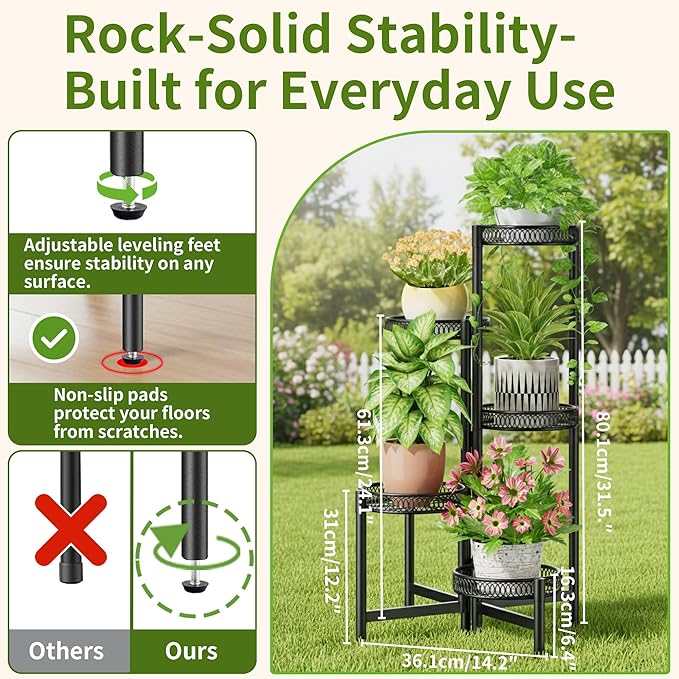 NQW Plant Stand Indoor Outdoor, 5 Tier Corner Metal Flower Display Holder Stand, Folding Tall Plant Rack for Patio Balcony Porch Garden Living Room House, Heavy Duty Wrought Iron Plant Shelf - BlackFlower
