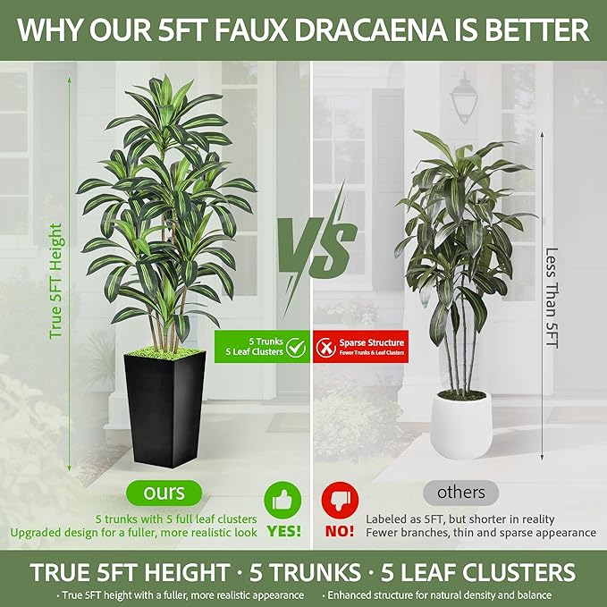 Realistic Artificial Indoor Plant Tree - Tall Fake Dracaena Potted Plant for Home Office Decor, Living Room & Bedroom - Lifelike Faux Plant Tree with Pot-Palm Tree (Black, 5FT)