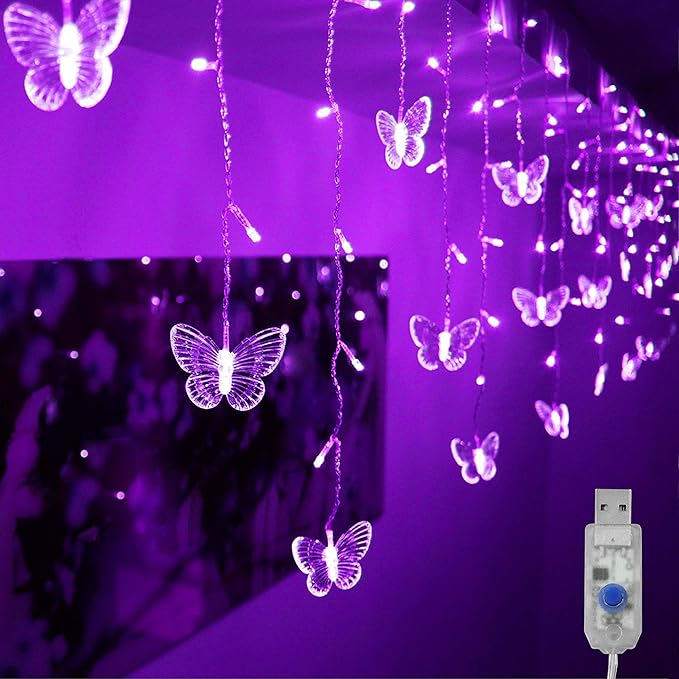 Decorman Butterfly Curtain Lights, 4.9ft 48 LED USB Window Fairy Lights 10 Butterflies 8 Modes Firefly Twinkle String Lights for Room Bedroom Wall Ceiling Party Wedding Christmas (Purple)