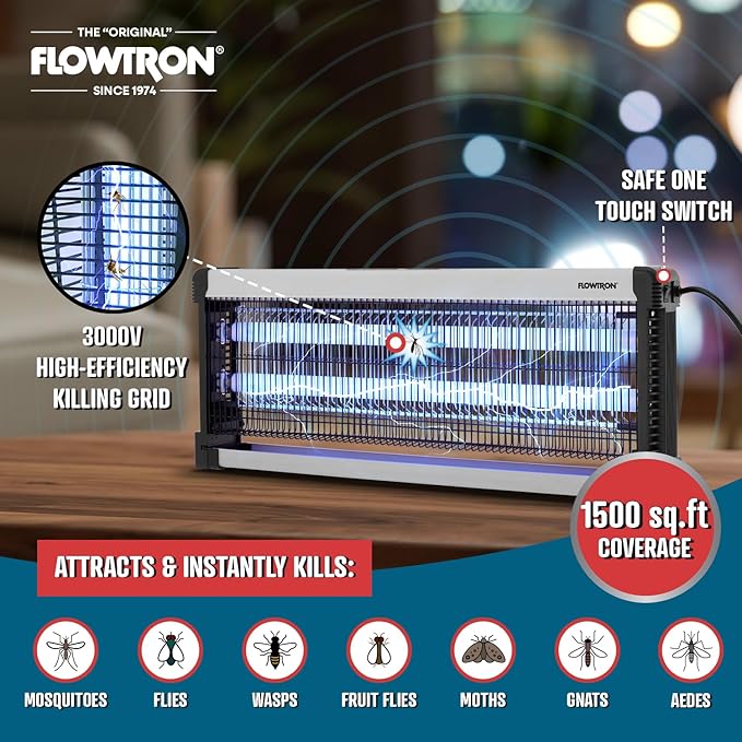 Flowtron Indoor Bug Zapper: 3000V Electric Insect Killer & Mosquito Trap - 1500 Sq Ft Coverage - 40W Dual UV Light Fly Zapper for Kitchen, Bedroom, RV & Restaurant - Safe Gnat & Moth Killer