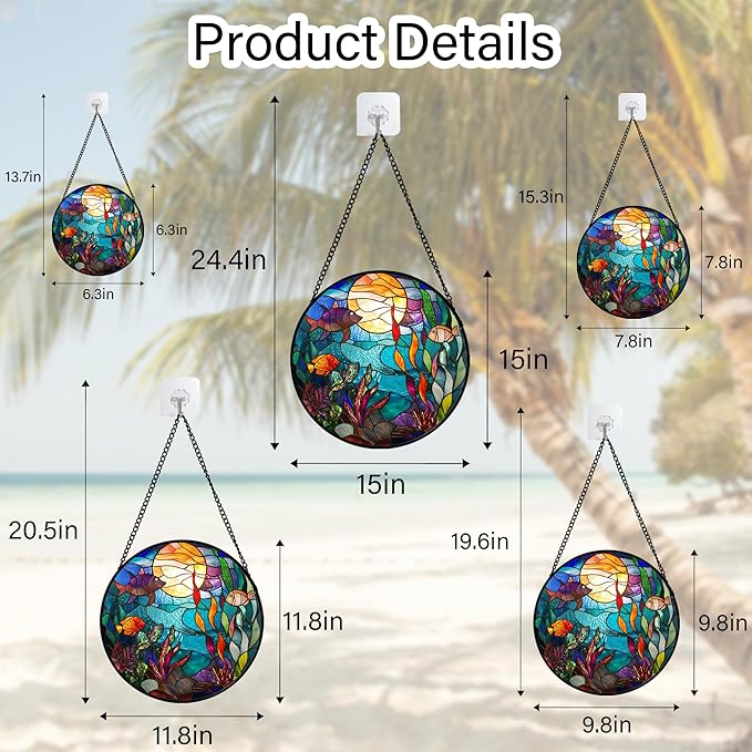Stained Glass Window Hanging - Blue Ocean World Small Fish Coral Sun Catcher for Door Garden Home Decor Sea Suncatcher Christmas Mother's Day Birthday Gifts for Women Men Mom Nana 7.8 in
