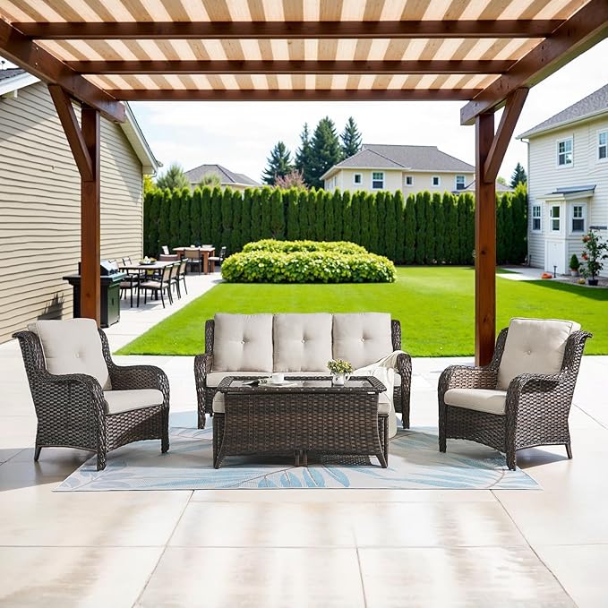 Belord Patio Wicker Sofa Set 6 Pieces Patio Furniture Set Outdoor Couch, 2 Patio Wicker Chairs with 1 Sofa, Coffee Table and Ottomans, Patio Conversation Set for Porch Garden Deck Balcony Poolside