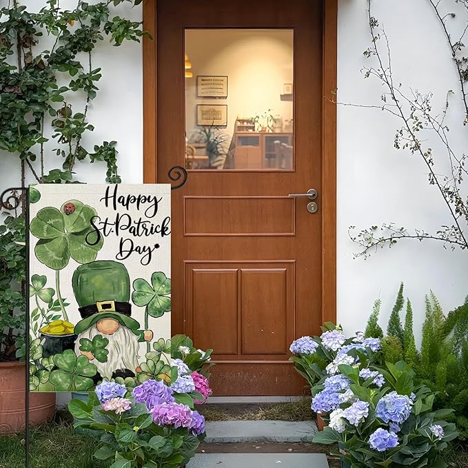 Happy St Patricks Day Garden Flags for Outside, Irish Gnome with Lucky Shamrocks Small Seasonal Decoration for Holiday Anniversary Yard Outdoor Decor 12x18 Inch Double Sided