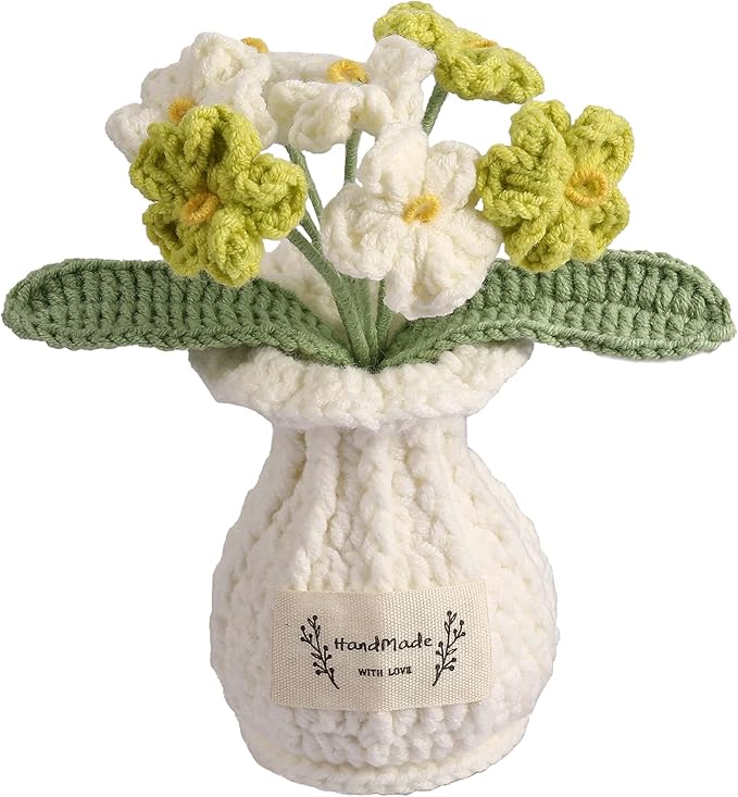 YOOJEE Forget-Me-Not Crochet Flower Potted Plant – Handmade Desk Decor, 7 Bloom Crochet Flowers in Fresh Green Shades