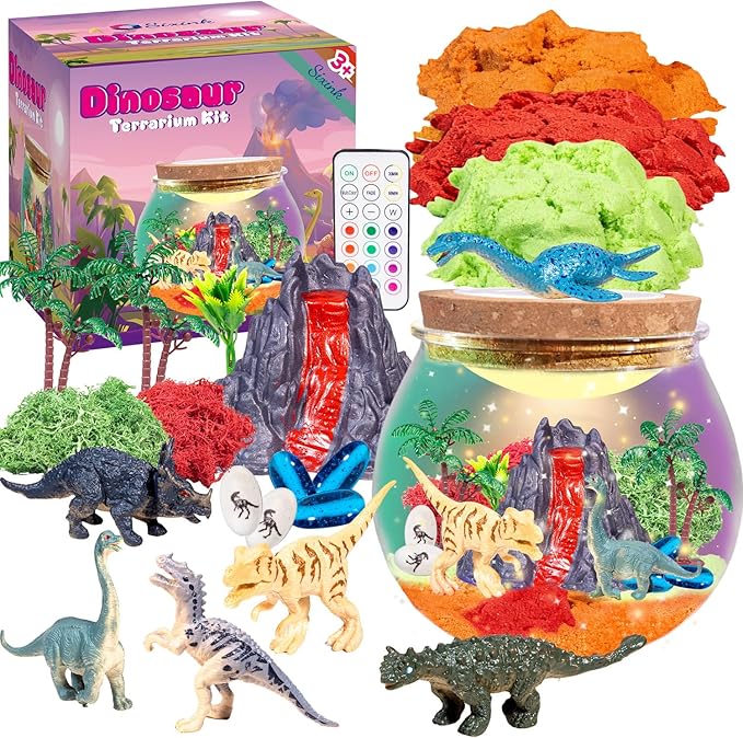 Dinosaur Toys for Boys，Light Up Dinosaur Terrarium kit,DIY Dino Toys,Arts and Crafts Kit for Kid,Christmas Birthday Gifts Ages 4-12 Year Old