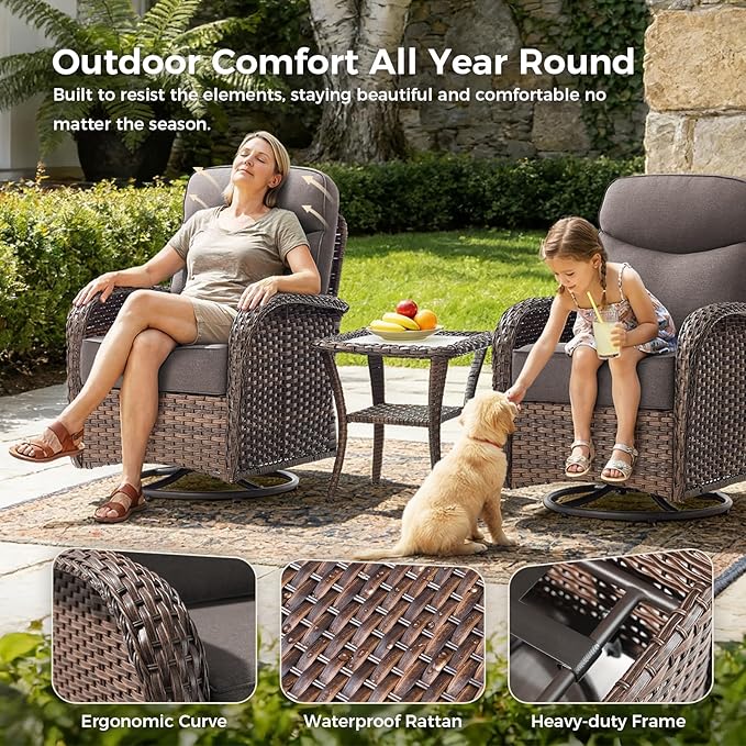 Luxury Patio Furniture Set with 6-inch Thick Cushions, Outdoor Furniture Set with High Back Swivel Chairs, 5 PCS Wicker Outdoor Conversation Set for Porch, Patio, Yard, Deck, Poolside, Brown/Grey