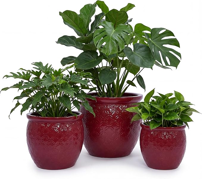 Tiered Ceramic Planter Set with Drainage Hole, 3-Piece (9/12/15 Inch) Indoor & Outdoor Flower Pots for Plants, Modern Planters for Patio, Balcony, Garden-Red