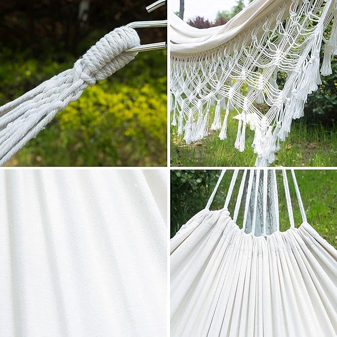 Hammock Boho Large Brazilian Macrame Fringe 2 Person Double Deluxe Hammock Swing,Perfect for Camping Outdoor/Indoor Patio Travel Bedroom Backyard(White)