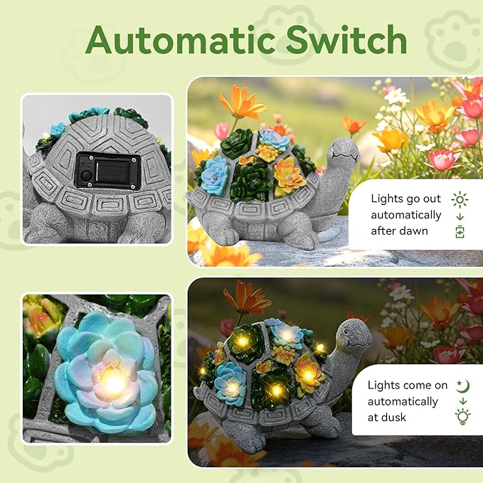ArtCredit Solar Turtle Garden Statues with LED Lights, Outdoor Decor for Patio Yard Balcony - Unique Housewarming Birthday Gifts for Women Mom Grandma