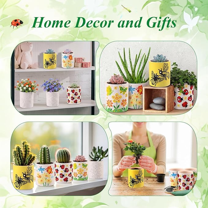 Zubebe 12 Pcs Spring Paint Your Own Insect Ceramic Pots Bulk Unfinished Succulent Pots Painting Kit with Drainage Hole Mini Paintable Plant Vase Ready to Paint Planter for Spring Garden DIY Craft