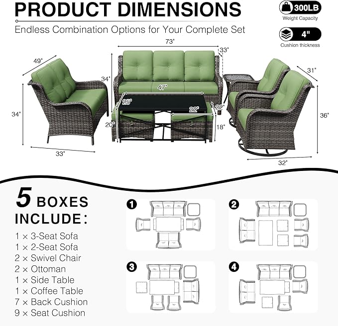 Joyside 8 Piece Wicker Patio Furniture Set, Outdoor Swivel Rocker Patio Chairs with High Back, Deep Seating, Wide Armrest, Thickened Cushions, Outdoor Furniture for Deck, Porch Use