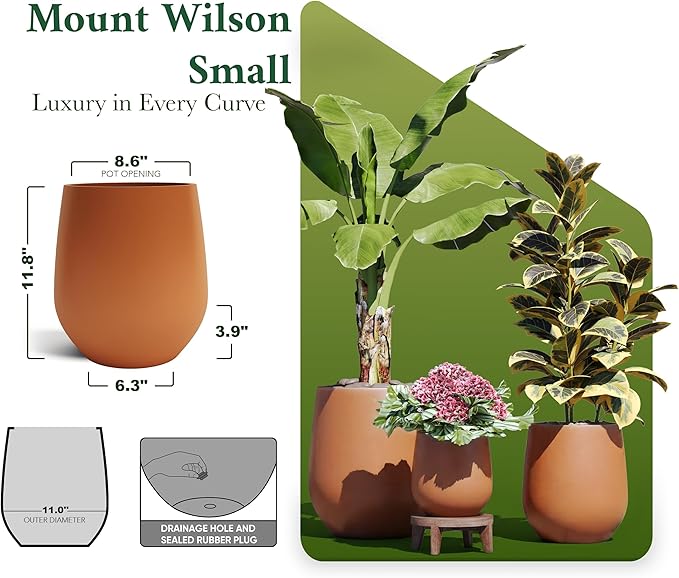 DTY Signature Mount Wilson 11''D x 11.8''H Modern Indoor Outdoor Fiberstone Tapered Planter, Lightweight, Weather Resistant Garden Pot with Drainage Hole & Rubber Plug - Terracotta, Small