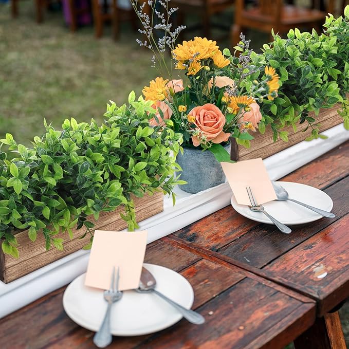 Lyrow 2 Pack Artificial Eucalyptus Plant in Rectangular Rustic Wooden Planter Box Faux Potted Herb Plant Table Centerpiece for Kitchen Windowsill Shelf Decor (Brown,16 '')