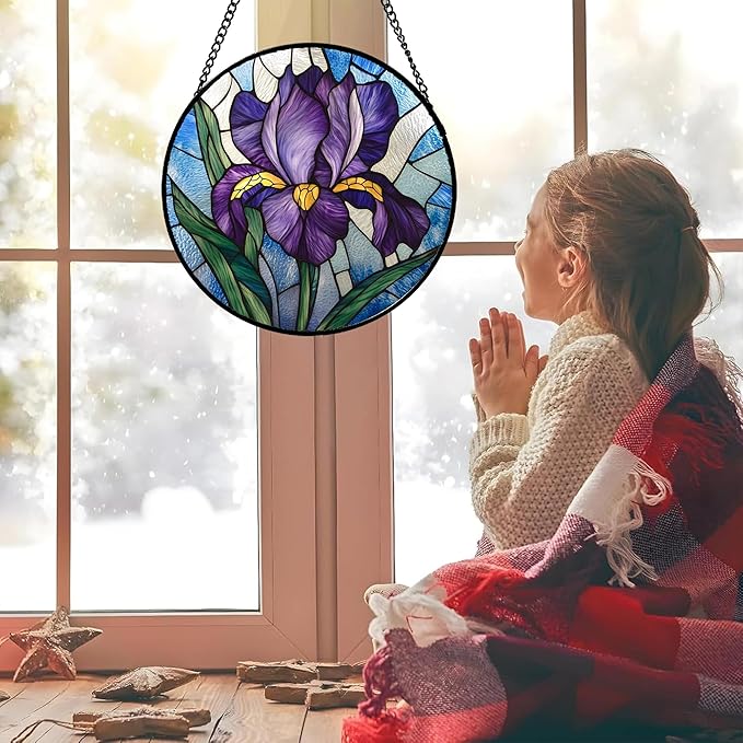 HWRHTR Stained Glass Window Hanging - Iris Birth Flower Suncatcher for Doors Garden Yard Purple Blue Sun Catchers Decor Christmas Mother's Day Birthday Gifts for Teacher Women Mom Nana 11.8 in
