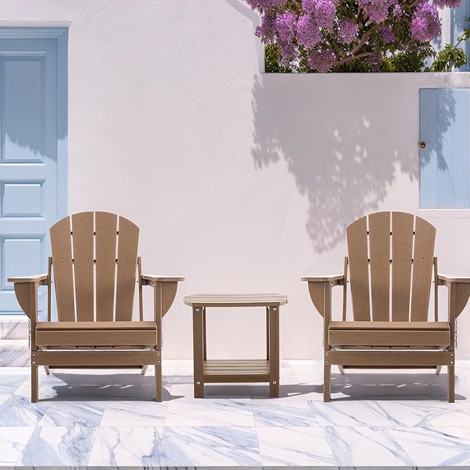 Folding Adirondack Chair Set with Side Table - HDPE Outdoor Patio Chairs, Weatherproof Chair with Reclining Back, Cup & Phone Holder, and 2-Tier Storage End Table for Firepit or Garden (Brown)
