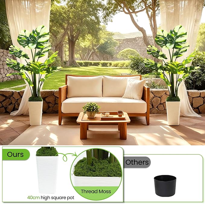 5FT Artificial Monstera Plant with Tall White Planter and Thread Moss, Realistic Faux Floor Tree with Large White Leaves for Indoor Outdoor Office Porch Living Room Corner Home Decor