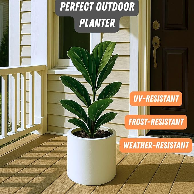 Fox & Fern 10 Inch Plant Pot with Hidden Saucer — Premium Lightweight Fiberstone Matte White Self Watering Planter with Seamless Saucer - Indoor & Outdoor Use - Weather Resistant & UV Resistant