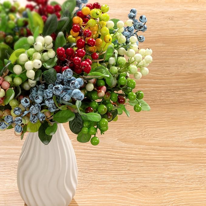 SHACOS 20 PCS Artificial Berry Stems Assorted Mixed Color, Fake Berries Branches Spray with Green Leaves 9.8 inch Small Berry Picks for Floral Crafts Centerpiece Bouquet Filler Home Wedding Decor