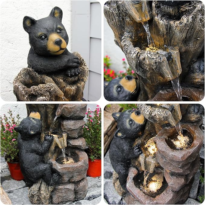 YZM 40.16" H 5 Tier Outdoor Fountain Black Bears Climbing Tree Garden Water Fountain Outdoor Water Feature Resin for Farmhouse Patio Yard Deck Home Lawn Porch House Relaxation Exterior Balcony