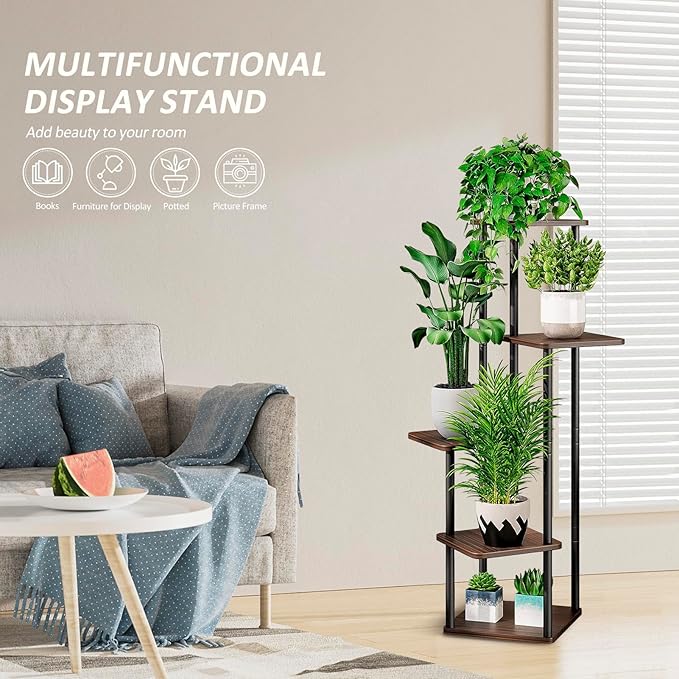 YOCOMEY 5 Tier Wood Tall Plant Stand Metal Rack Indoor, Multiple Flower Pot Holder Shelves Corner Rack, Planter Shelf Display Rack Storage Organizer for Patio Living Room Balcony Garden(Black Oak)