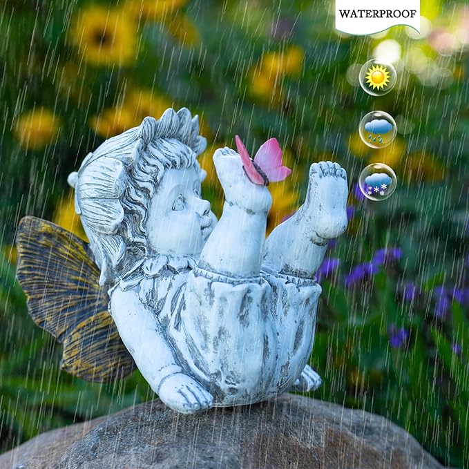 Fairies for Fairy Garden Solar Decor - Fairy Figurines Resin Outdoor Statues Ornaments with Light up Butterfly for Patio,Lawn,Yard,Porch,Outside Angel Gifts