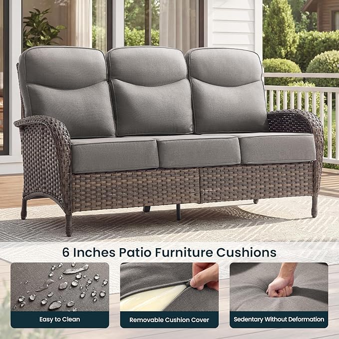 Luxury 6-Inch Cushion Patio Furniture Set, High Back Outdoor Swivel Rocker Patio Chairs with Outdoor Couch, Outdoor Wicker Conversation for Deck Porch Garden Balcony Poolside Gray Cushion