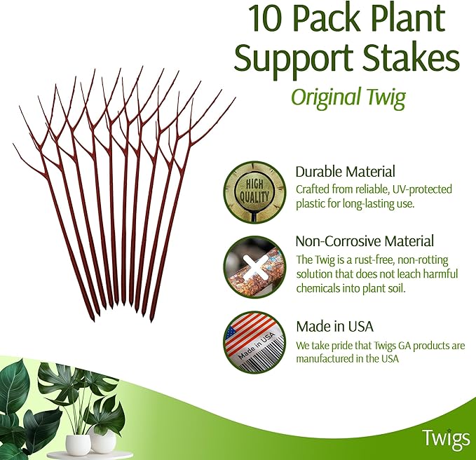 Twigs GA - Plant Support Stakes for Indoor & Outdoor Use, Durable Trellis Alternative for Climbing & Potted Plants, Houseplant Stem Holder Structures - Begonia Red, 10 Pack, 22" L, Original