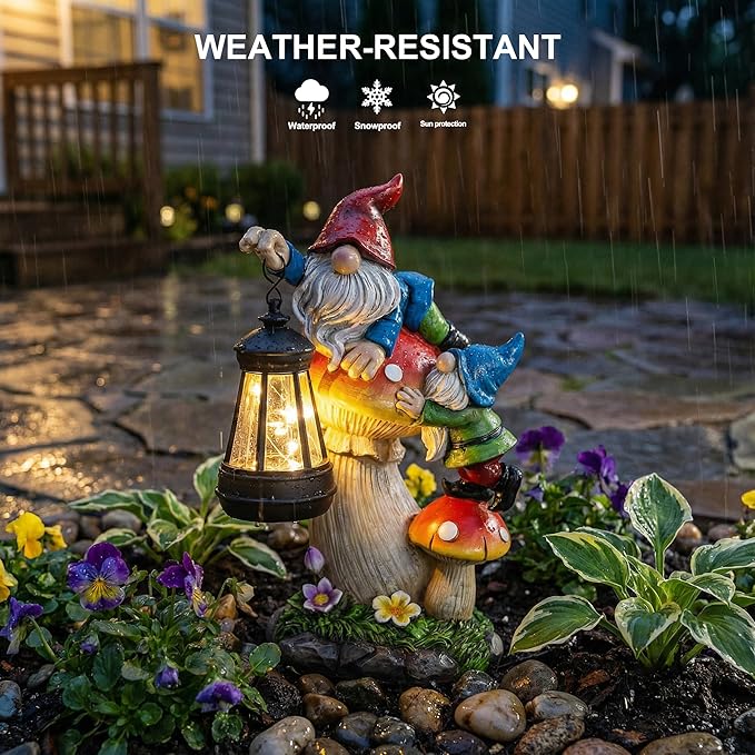 C&Y&G&X Solar Garden Gnome Statue - Waterproof Outdoor Mushroom Decor with Solar Lantern LED Lights for Yard, Lawn, Patio - Ideal Gifts for Mom Grandm