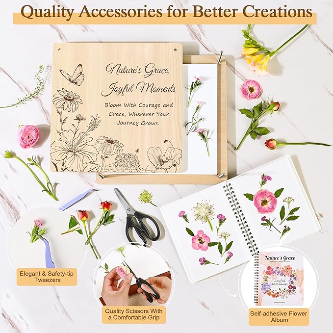 Joy&Grace Large Flower Press Kit for Adults & Kids with Designed Cover and DIY Album,10 Layers Plant Press and Plant Drying Toolkit, Flower Preservation Kit, 10.9" x 10.9" (Color Box, Natural Wood)