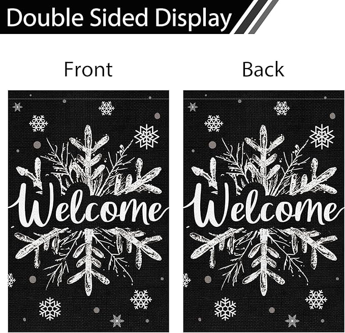 Heyfibro Christmas Garden Flag Welcome Winter Garden Flags 12x18 Inch Double Sided Burlap Snowflake Yard Flag for Winter Holiday Xmas Yard Outdoor Decoration(ONLY FLAG)