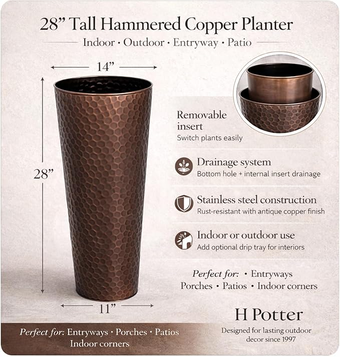 H Potter Tall Copper Planter Indoor Outdoor 28 Inch Antique Copper Hammered Metal Garden Planter with Insert Drainage and Drip Trays Large Decorative Floor Planter for Entryway Porch Patio Set of 2