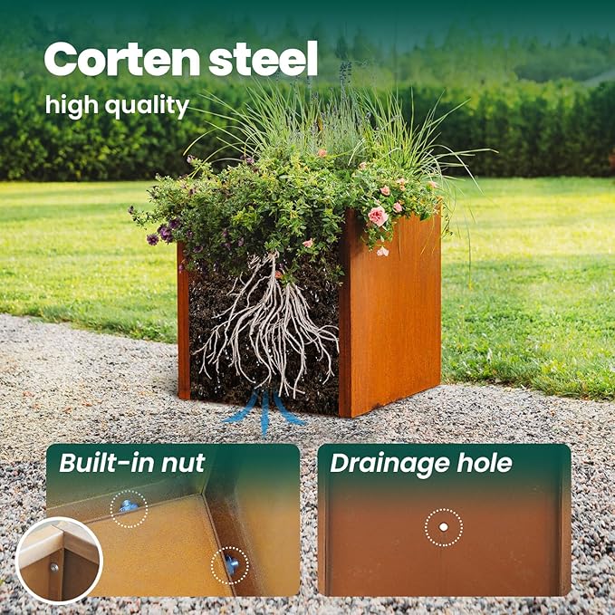GZGNEEVL Corten Steel Planter Box Metal Outdoor Large Rectangular Rustic Durable Antique Detached for Commercial Residential Patio Deck and Backyard 17" x 17" x 18"