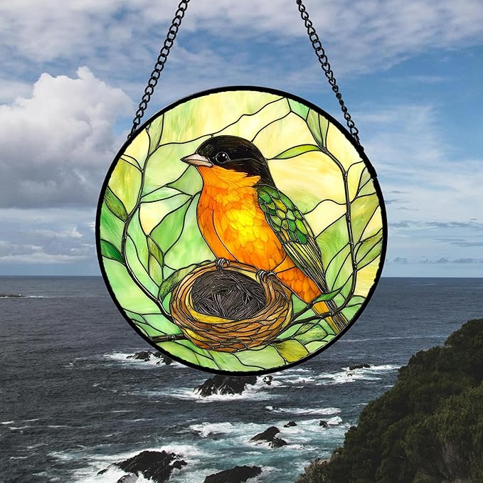 DASTOLL Stained Glass Window Hanging 4 Pcs Set Bird Theme On Branch 6.3" - Cardinal Suncatcher Door Garden Sun Catcher Decor Birthday Christmas for Mom Woman Nana Men