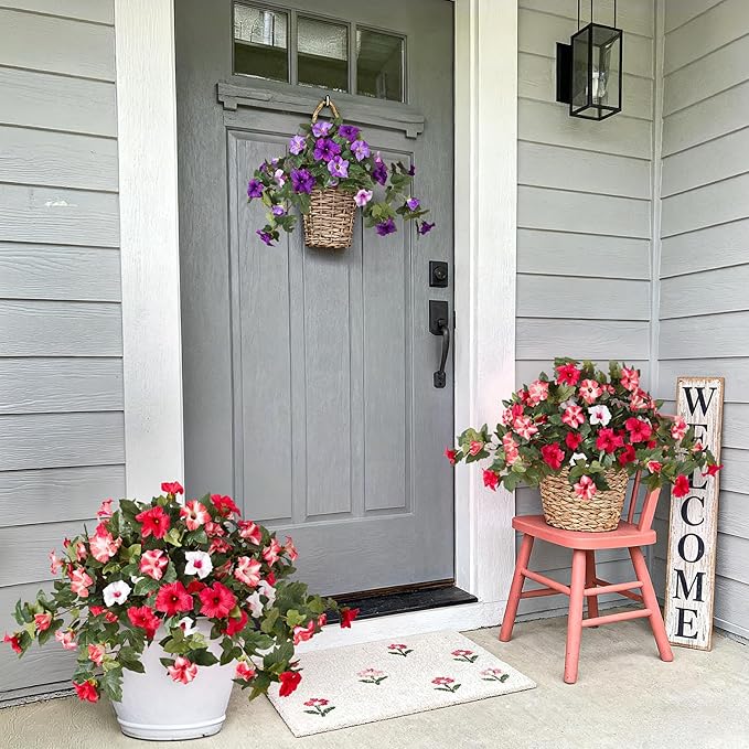 2PCS Artificial Petunia Flowers for Outdoors, Fake Flowers for Outdoor Planters UV Resistant Faux Silk Petunias for Garden Porch Yard Balcony Patio Realistic Home Kitchen Decor(Red Pink White)
