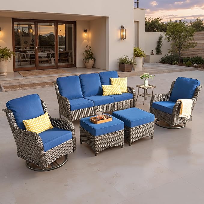 ovios 6 Pieces Patio Furniture Set, Outdoor Wicker Sofa Couch with Swivel Chairs Ottomans Comfy Cushions, High Back Modern All Weather Conversation Sets, Brown Rattan, Navy Blue