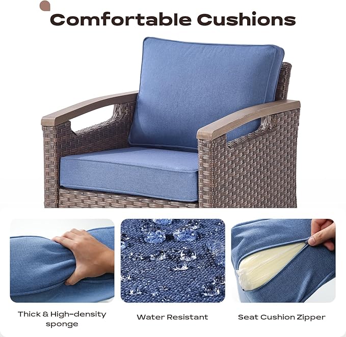 Rilyson Wicker Outdoor Patio Furniture Set - 8 Piece Patio Conversation Sets with Swivel Rocker Chairs, Ottomans, Sofa and Coffee Table, Thick Cushions, Waterproof Wicker, for Porch Deck Brown/Blue