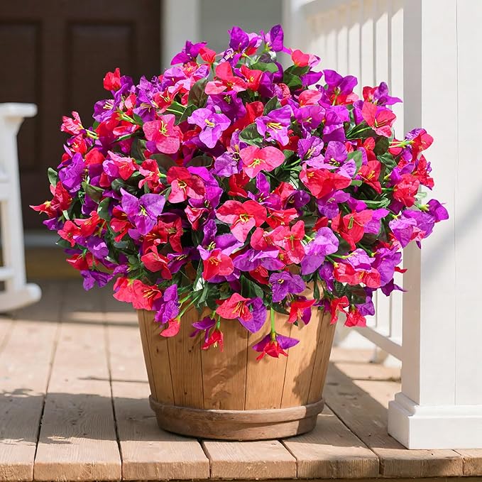 Artificial Fake Flowers for Outdoors Bougainvillea Spring Summer Outside Decor, 4 Bundles Realistic Silk Flower Plants UV Resistant Faux Flowers for Outdoor Planters Patio Porch Window Garden Home