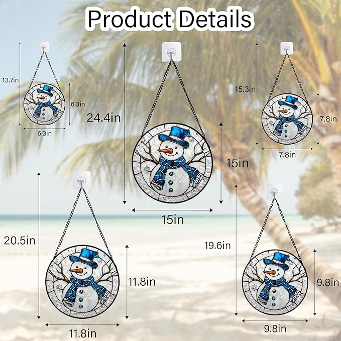 DASTOLL Stained Glass Window Hanging Christmas Snowman Blue White 7.8" - Suncatcher Door Garden Sun Catcher Home Decor Birthday Mother's Day Xmas Gift for Mom Men Woman Her Nana Parents Girl