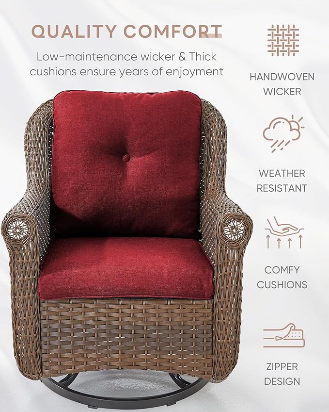 Patio Chairs Outdoor Swivel Glider - Set of 4 High Back Outside Brown Wicker Rattan Rocking Chair with Thick Cushion for Porch Apartment Deck Yard Poolside Garden - Red