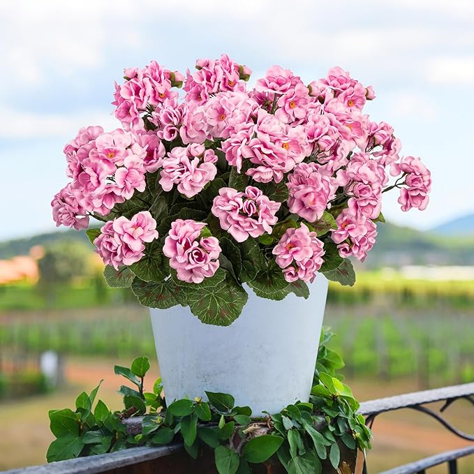 Uqueeten Plastic Flowers for Outdoors Home Decor Fake Plants Artificial Flowers Artificial Geraniums Outdoor Fake Flowers Silk Bouquet, Fall Decor for Interior Porch Garden Decor14.4 (Pink) 8PCS