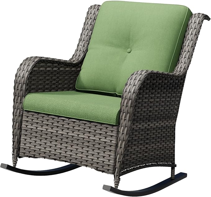 Outdoor Rocking Chair, Wicker Patio Chair with Thickened Olefin Cushions, High Back and Deep Seating, Hand-Woven PE Rattan for Porch, Deck, Balcony, Green