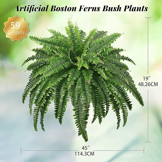 FOREST PRINCE 45" Fake Ferns, Realistic Large Artificial Bush Plants, 2 Artificial Boston Ferns with 59 Fronds for Outdoors Planter Indoor Home Garden Porch Decor