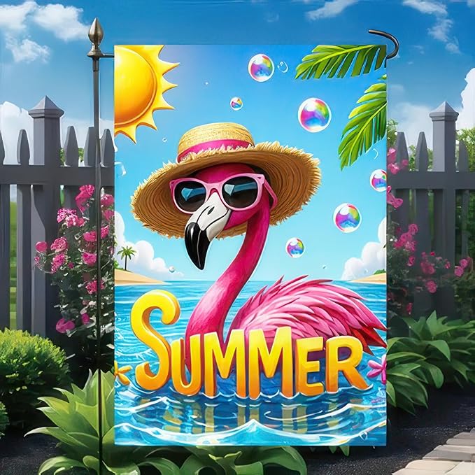 Hello Summer Flamingo Welcome Garden Flag 12 x 18 Inch Double Sided Ocean Beach Tropical Plant Farmhouse Small Yard Flag Summer Seasonal Holiday Outdoor Outside Decoration
