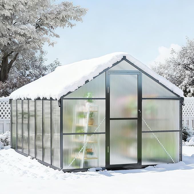 8x14FT Greenhouse for Outdoors, Galvanized Steel Frame Winter Green House w/ Adjustable Roof Vent, Lockable Door Handle &DrainageSystem, Walk-in Greenhouses for Outside Garden Backyard
