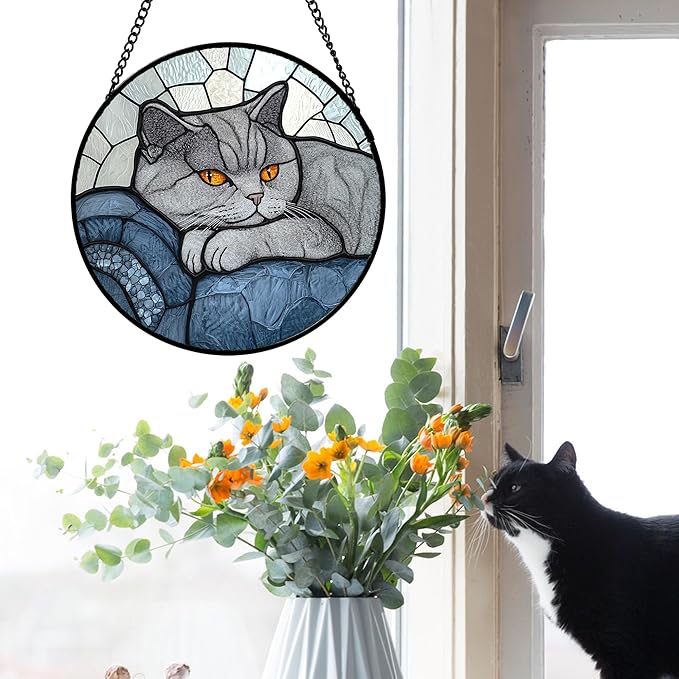AMDERVEN Stained Glass Window Hanging 4 Pcs Set Cute Cat 6.3" - Suncatcher Door Garden Sun Catcher Decor Birthday Mother's Day Christmas Comfort Gifts for Lost Pet Woman Nana Mom Men Friend