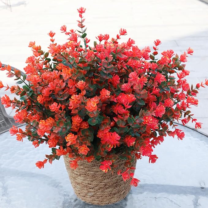 BCBLF Artificial Flowers for Outdoors, Faux Flowers for Outdoor planters, 12 Bundles Fake Flowers UV-Anti for Decoration, Outdoor Faux Plants, Orange+Red