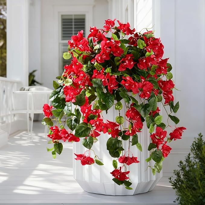 Bougainvillea Artificial Hanging Flowers for Outdoor 3 Pcs Faux Bougainvillea Flowers Fake Hanging Plants Silk Flowers Long Trailing Vines for Front Door Porch Planter Patio Balcony (Red)