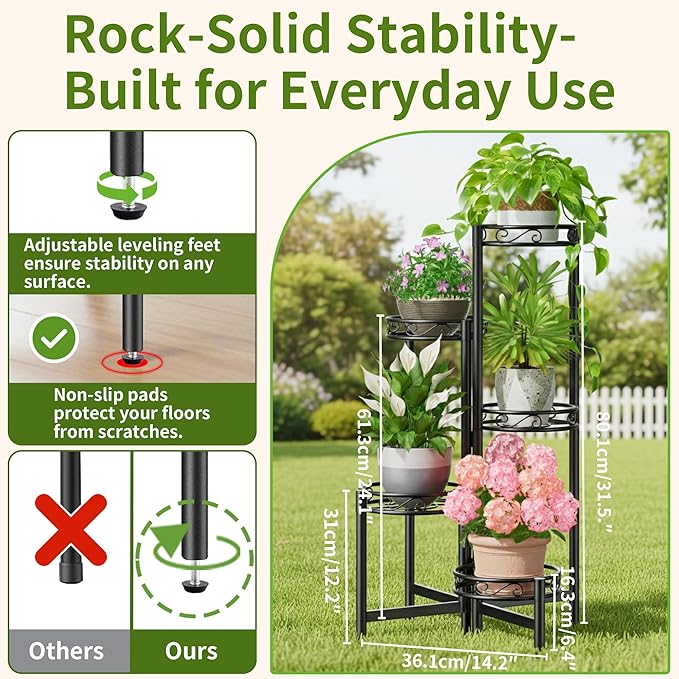 NQW Metal Plant Stand Indoor Outdoor, 5 Tier 5 Potted Multiple Plant Shelf Stands, Wrought Iron Flower Holder Shelf, Folding Tall Rack Shelf for Patio, Balcony, Corner Living Room - BlackCircle