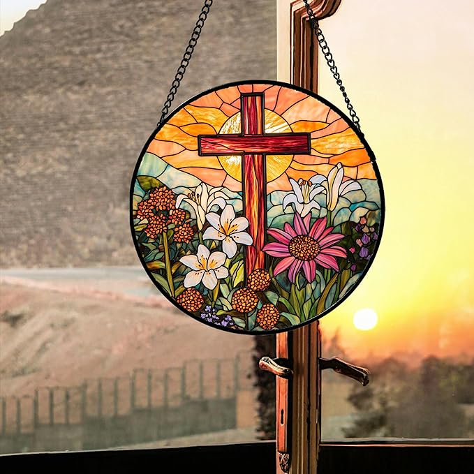 JOSUMALY Christian Gifts for Women - Cross Stained Glass Window Hanging Easter Flower Sunset Landscape Sun Catcher Garden Religion Decor Mother's Day Catholic Gift for Men Grandma Mom Her Nana 7.8"
