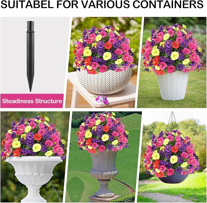 ENVEN Artificial Topiary Ball Tree Outdoor Plants with Ground Spike 22"- UV Resistant Faux Shrubs, Eucalyptus Fake Plants for Indoor & Garden, Yard, Porch, Patio Decor (Mixed Color Morning Glory)